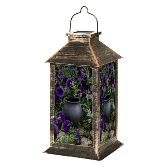 Solar Lantern Black Ceramic Vase Amid Vibrant Purple Petunias Garden Setting Garden Hanging Lantern Waterproof Solar Powered Lighting Outdoor Lamp for Deck Yard Camping Patio Decor