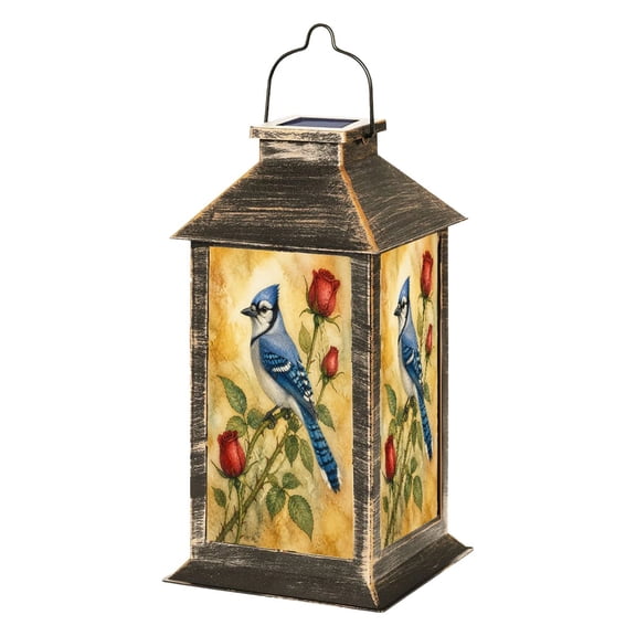 Solar Lantern Blue jay bird rose flowers vintage Garden Hanging Lantern Waterproof Solar Powered Lighting Outdoor Lamp for Deck Yard Camping Patio Decor