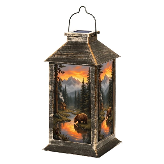 Solar Lantern Brown Bear Drinking Stream Sunset Forest Mountain Cabin Garden Hanging Lantern Waterproof Solar Powered Lighting Outdoor Lamp for Deck Yard Camping Patio Decor
