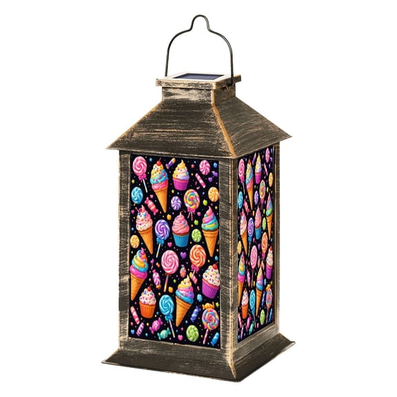 Solar Lantern Cartoon Hand Drawn Ice Cream Doodles Seamless Cones Cupcakes Lollipops Garden Hanging Lantern Waterproof Solar Powered Lighting Outdoor Lamp for Deck Yard Camping Patio Decor