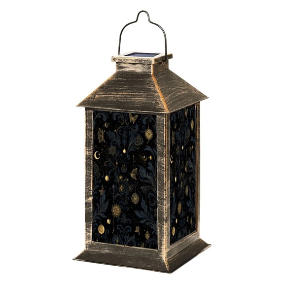 Solar Lantern Celestial Floral Moon Stars Gold Details Black Garden Hanging Lantern Waterproof Solar Powered Lighting Outdoor Lamp for Deck Yard Camping Patio Decor