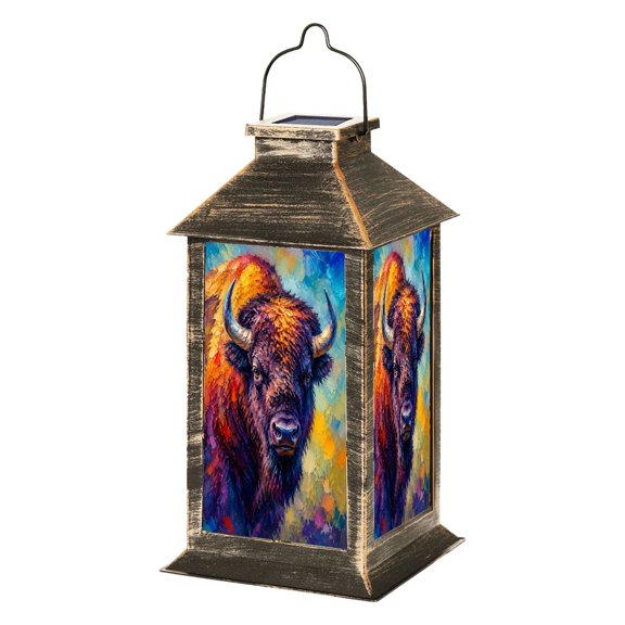 Solar Lantern Colorful Abstract Bison Portrait Vibrant Brushstrokes Horns Garden Hanging Lantern Waterproof Solar Powered Lighting Outdoor Lamp for Deck Yard Camping Patio Decor