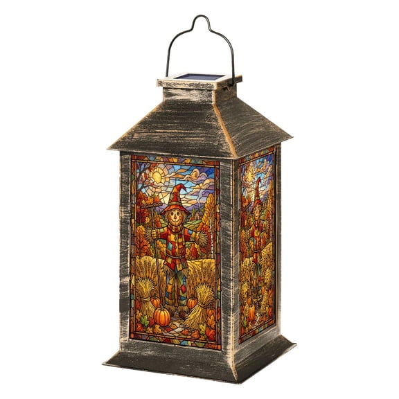 Solar Lantern Colorful Autumn Scarecrow Stained Glass Style Pumpkins Wheat Garden Hanging Lantern Waterproof Solar Powered Lighting Outdoor Lamp for Deck Yard Camping Patio Decor