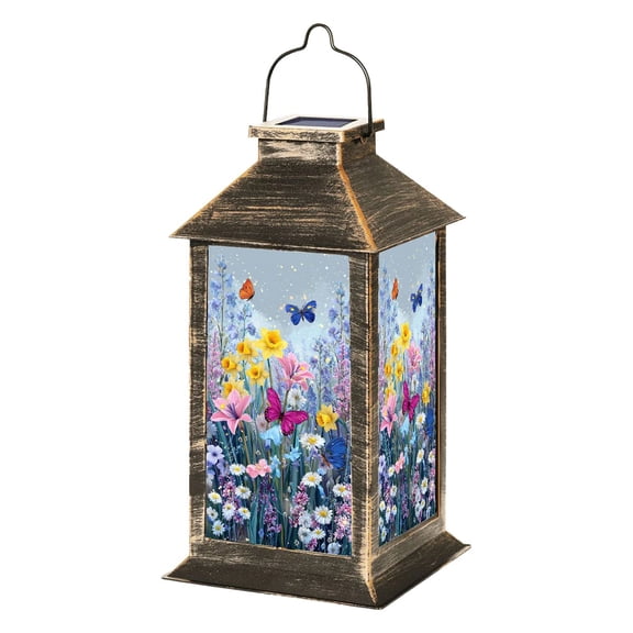Solar Lantern Colorful Butterflies Blooming Spring Flowers Whimsical Floral Garden Garden Hanging Lantern Waterproof Solar Powered Lighting Outdoor Lamp for Deck Yard Camping Patio Decor