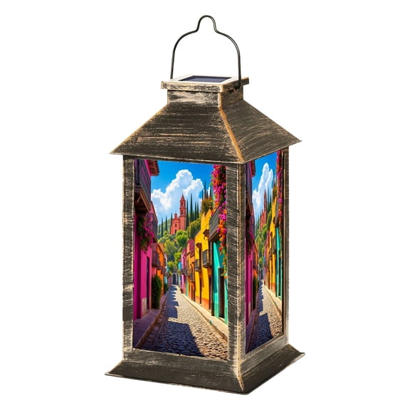 Solar Lantern Colorful Mexico Mexican Buildings Cobblestone Street Garden Hanging Lantern Waterproof Solar Powered Lighting Outdoor Lamp for Deck Yard Camping Patio Decor
