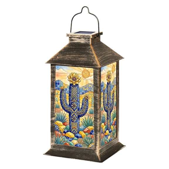 Solar Lantern Colorful Mosaic Cactus Artistic Floral Tile Design Desert Garden Hanging Lantern Waterproof Solar Powered Lighting Outdoor Lamp for Deck Yard Camping Patio Decor