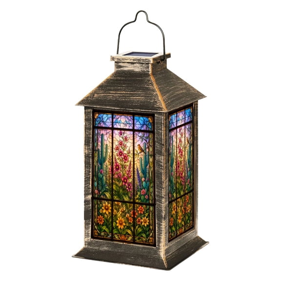 Solar Lantern Colorful Stained Glass Featuring Cactus Desert Wildlife Garden Hanging Lantern Waterproof Solar Powered Lighting Outdoor Lamp for Deck Yard Camping Patio Decor
