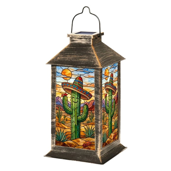 Solar Lantern Colorful Stained Glass Style Cactus Sombrero Desert Landscape Garden Hanging Lantern Waterproof Solar Powered Lighting Outdoor Lamp for Deck Yard Camping Patio Decor