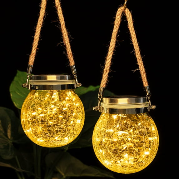 Solar Lantern Crackle Glass Ball, Garden Lights Hanging Solar Lanterns Outdoor Waterproof with 30 LED Solar Lights for Garden Yard Patio Lawn Decoration (2 Pack)