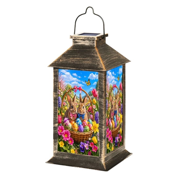 Solar Lantern Cute Easter Bunnies Colorful Painted Eggs Spring Flowers Garden Hanging Lantern Waterproof Solar Powered Lighting Outdoor Lamp for Deck Yard Camping Patio Decor