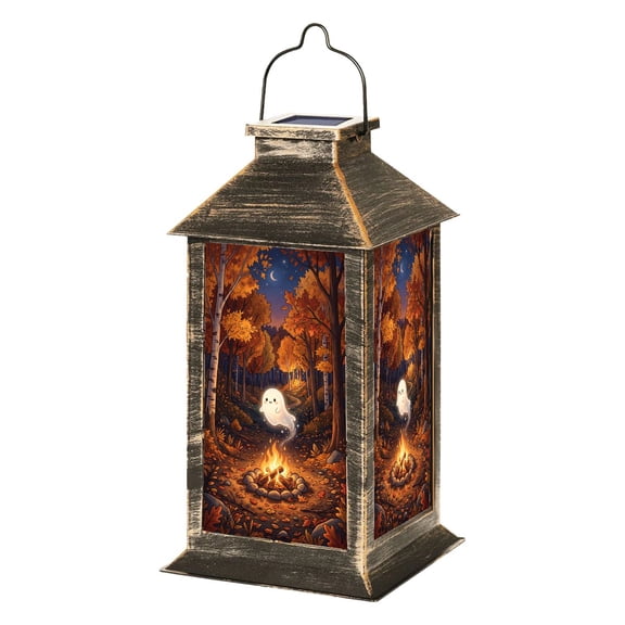 Solar Lantern Cute Ghost by Autumn Campfire Forest Falling Leaves Garden Hanging Lantern Waterproof Solar Powered Lighting Outdoor Lamp for Deck Yard Camping Patio Decor