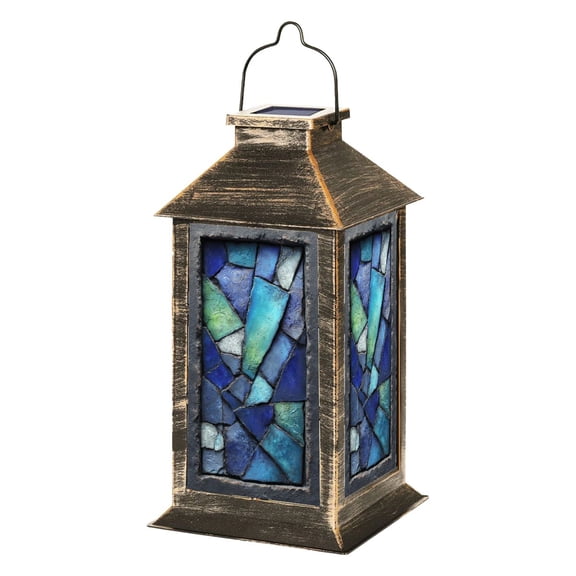Solar Lantern Different shades blue stained glass panels Garden Hanging Lantern Waterproof Solar Powered Lighting Outdoor Lamp for Deck Yard Camping Patio Decor