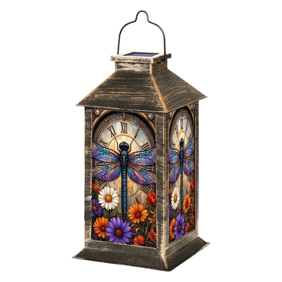 Solar Lantern Dragonfly Stained Glass Vintage Clock Colorful Flowers Garden Hanging Lantern Waterproof Solar Powered Lighting Outdoor Lamp for Deck Yard Camping Patio Decor