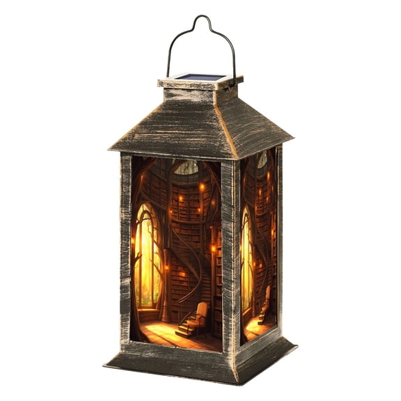 Solar Lantern Fantasy Treehouse Bookshelf Vintage Fairy Tree Ancient Garden Hanging Lantern Waterproof Solar Powered Lighting Outdoor Lamp for Deck Yard Camping Patio Decor
