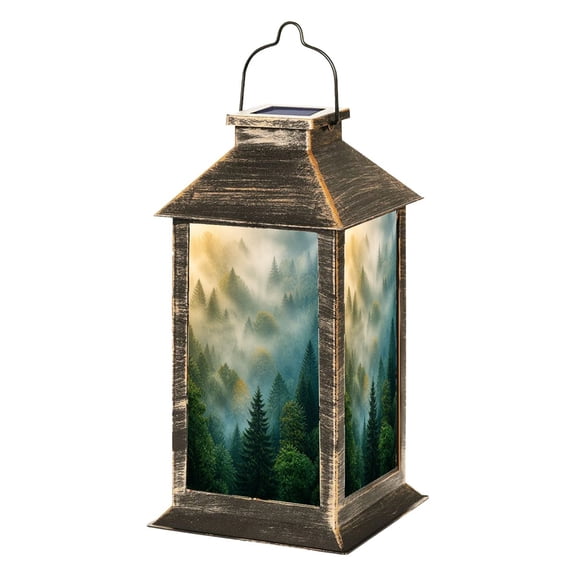 Solar Lantern Forest Tree Wood Green Pine Trees Autumn Leaves Fog Misty Landscape Garden Hanging Lantern Waterproof Solar Powered Lighting Outdoor Lamp for Deck Yard Camping Patio Decor