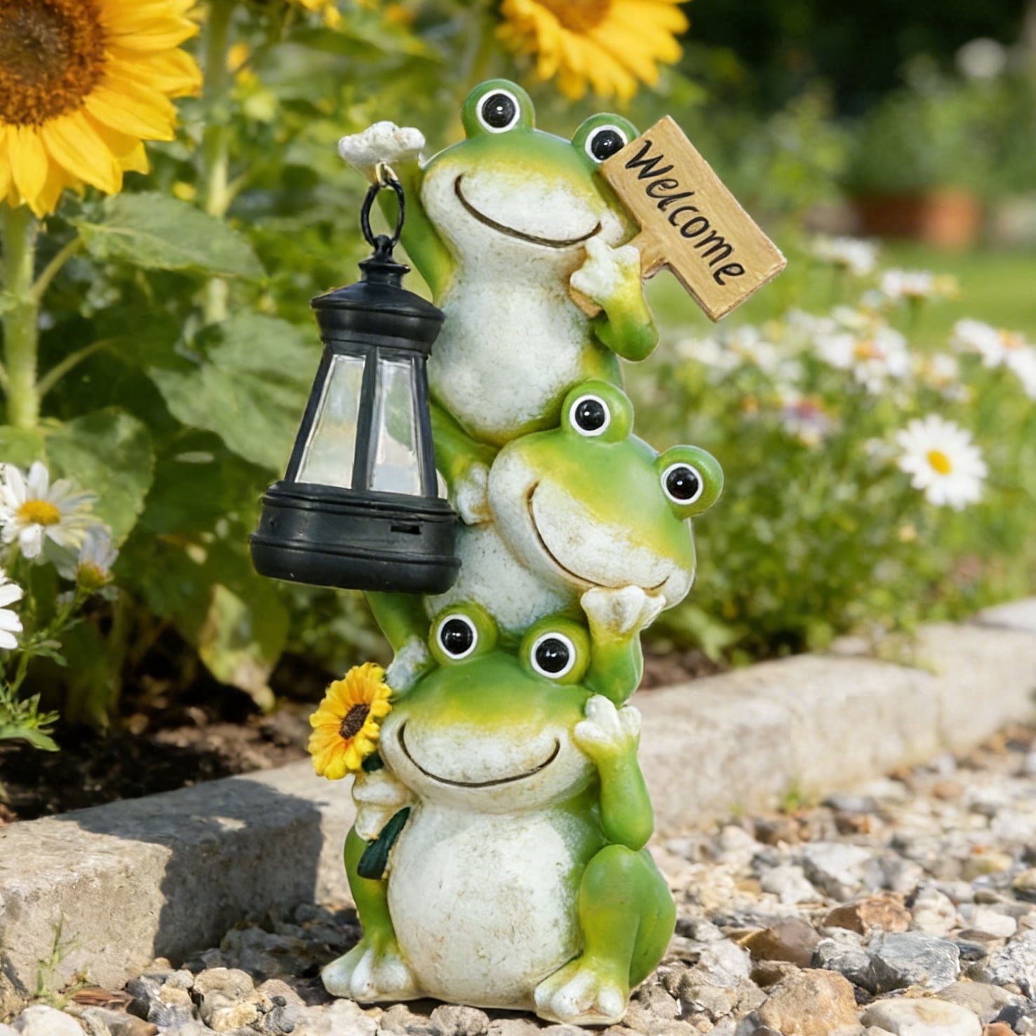 Solar Lantern Frog Garden Decoration with Sunflower Creative Stacking Frogs Welcome Sign Outdoor Art Durable Resin Yard Decor Solar Frog Statue Night Light for Garden Patio Courtyard Perfect Gift