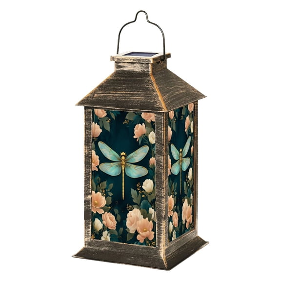 Solar Lantern Golden Dragonfly Floral Garden Rich Greens Pink Tones Garden Hanging Lantern Waterproof Solar Powered Lighting Outdoor Lamp for Deck Yard Camping Patio Decor