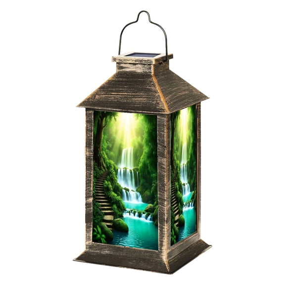 Solar Lantern Green Forest Multi Tier Waterfall Stone Staircase Sunlit Garden Hanging Lantern Waterproof Solar Powered Lighting Outdoor Lamp for Deck Yard Camping Patio Decor