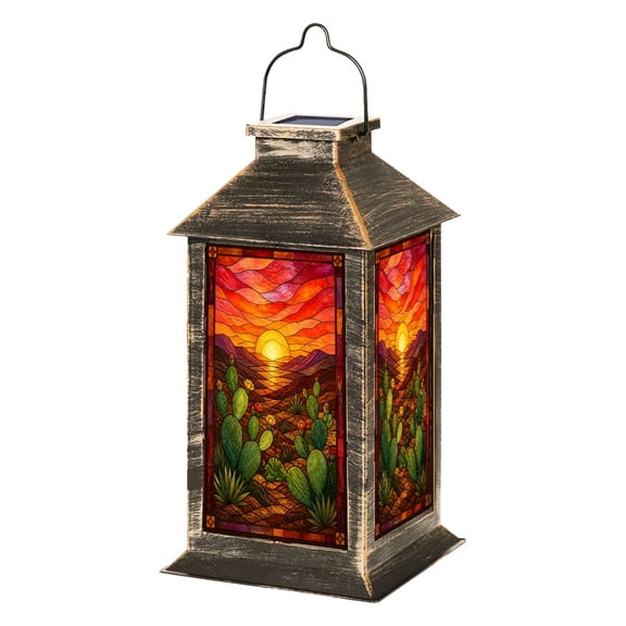 Solar Lantern Handcrafted Stained Glass Sunset Scene Cacti Bold Colors Garden Hanging Lantern Waterproof Solar Powered Lighting Outdoor Lamp for Deck Yard Camping Patio Decor