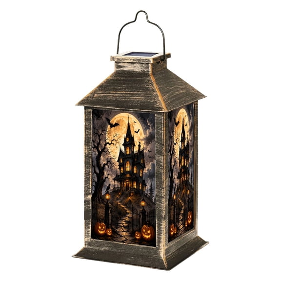 Solar Lantern Haunted Gothic Mansion Night Glowing Windows Full Moon Garden Hanging Lantern Waterproof Solar Powered Lighting Outdoor Lamp for Deck Yard Camping Patio Decor