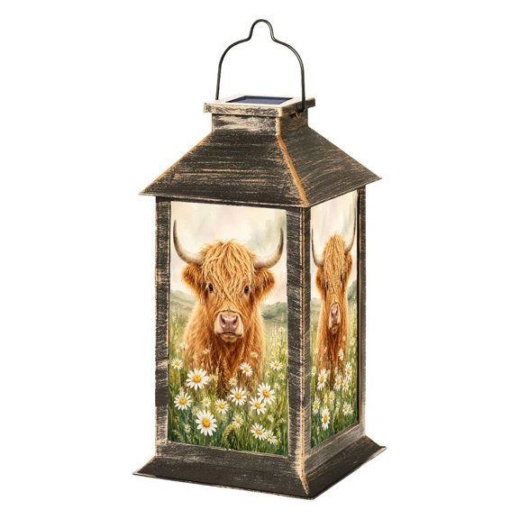 Solar Lantern Highland Cow Portrait Wildflower Meadow Daisies Watercolor Soft Garden Hanging Lantern Waterproof Solar Powered Lighting Outdoor Lamp for Deck Yard Camping Patio Decor