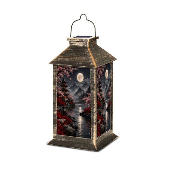 Solar Lantern Japanese Pavilion Night Ancient Elegant pavilion Serenity Zen Garden Hanging Lantern Waterproof Solar Powered Lighting Outdoor Table Lamp for Deck Yard Camping Patio Decor