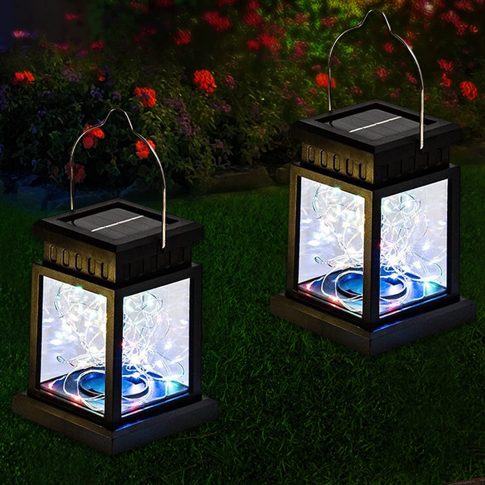 Solar Lantern Lights Outdoor, 2 Pack Vintage Small Palace Hanging Light, Solar Powered Waterproof Landscape Lamp for Pathway Deck Garden Decor, Multicolor