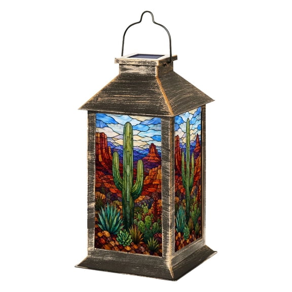 Solar Lantern Luminous Stained Glass Decor Saguaro Cactus Twilight Desert Garden Hanging Lantern Waterproof Solar Powered Lighting Outdoor Lamp for Deck Yard Camping Patio Decor