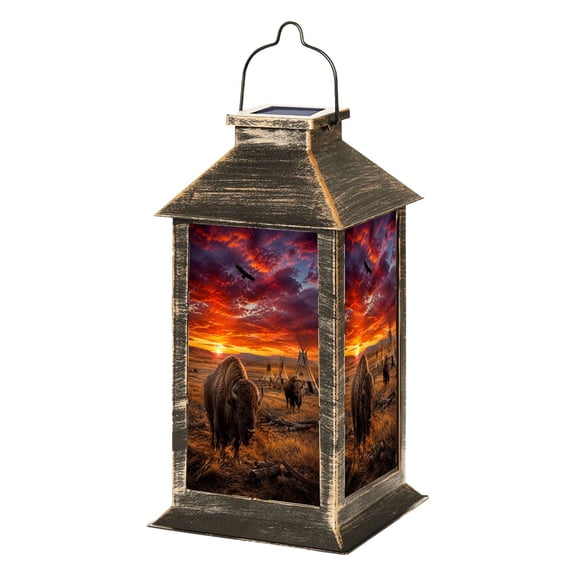 Solar Lantern Majestic Bison Sunset Prairie Teepees Garden Hanging Lantern Waterproof Solar Powered Lighting Outdoor Lamp for Deck Yard Camping Patio Decor