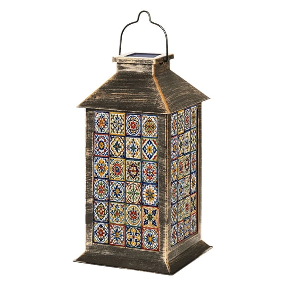 Solar Lantern Mexican talavera ceramic tile seamless Ethnic folk ornament Italian Garden Hanging Lantern Waterproof Solar Powered Lighting Outdoor Lamp for Deck Yard Camping Patio Decor
