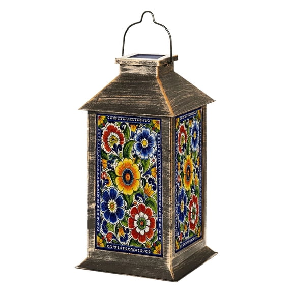 Solar Lantern Mexican talavera ceramic tile seamless Ethnic folk ornament Italian Garden Hanging Lantern Waterproof Solar Powered Lighting Outdoor Lamp for Deck Yard Camping Patio Decor