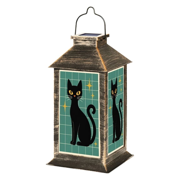 Solar Lantern Mid Century Atomic Black Cat Retro Starbursts Stars Abstract Cute Garden Hanging Lantern Waterproof Solar Powered Lighting Outdoor Lamp for Deck Yard Camping Patio Decor