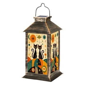 Solar Lantern Mid Century Black Cat Retro Atomic Starburst Modern Abstract Geometric Garden Hanging Lantern Waterproof Solar Powered Lighting Outdoor Lamp for Deck Yard Camping Patio Decor