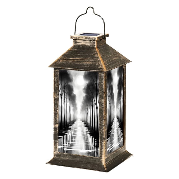 Solar Lantern Monochrome Foggy Forest Path Reflective Water Bare Trees Surreal Garden Hanging Lantern Waterproof Solar Powered Lighting Outdoor Lamp for Deck Yard Camping Patio Decor