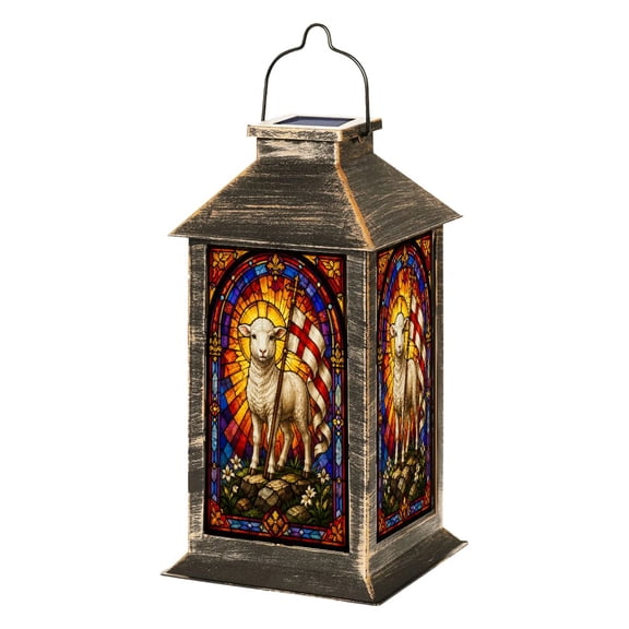 Solar Lantern Multicolored Stained Glass Lamb Garden Hanging Lantern Waterproof Solar Powered Lighting Outdoor Lamp for Deck Yard Camping Patio Decor