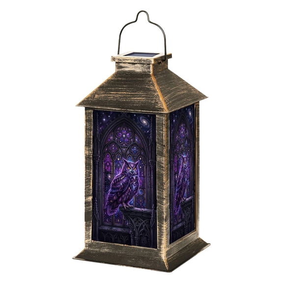 Solar Lantern Mystical Purple Owl Gothic Stained Glass Celestial Theme Garden Hanging Lantern Waterproof Solar Powered Lighting Outdoor Lamp for Deck Yard Camping Patio Decor