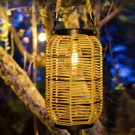 Solar Lantern Outdoor Hanging Lights, Large Solar Rattan Lantern Outdoor Waterproof with Twine Handle, Bright Outdoor Lanterns with Edison Bulb for Garden Patio Yard Tabletop Decoration