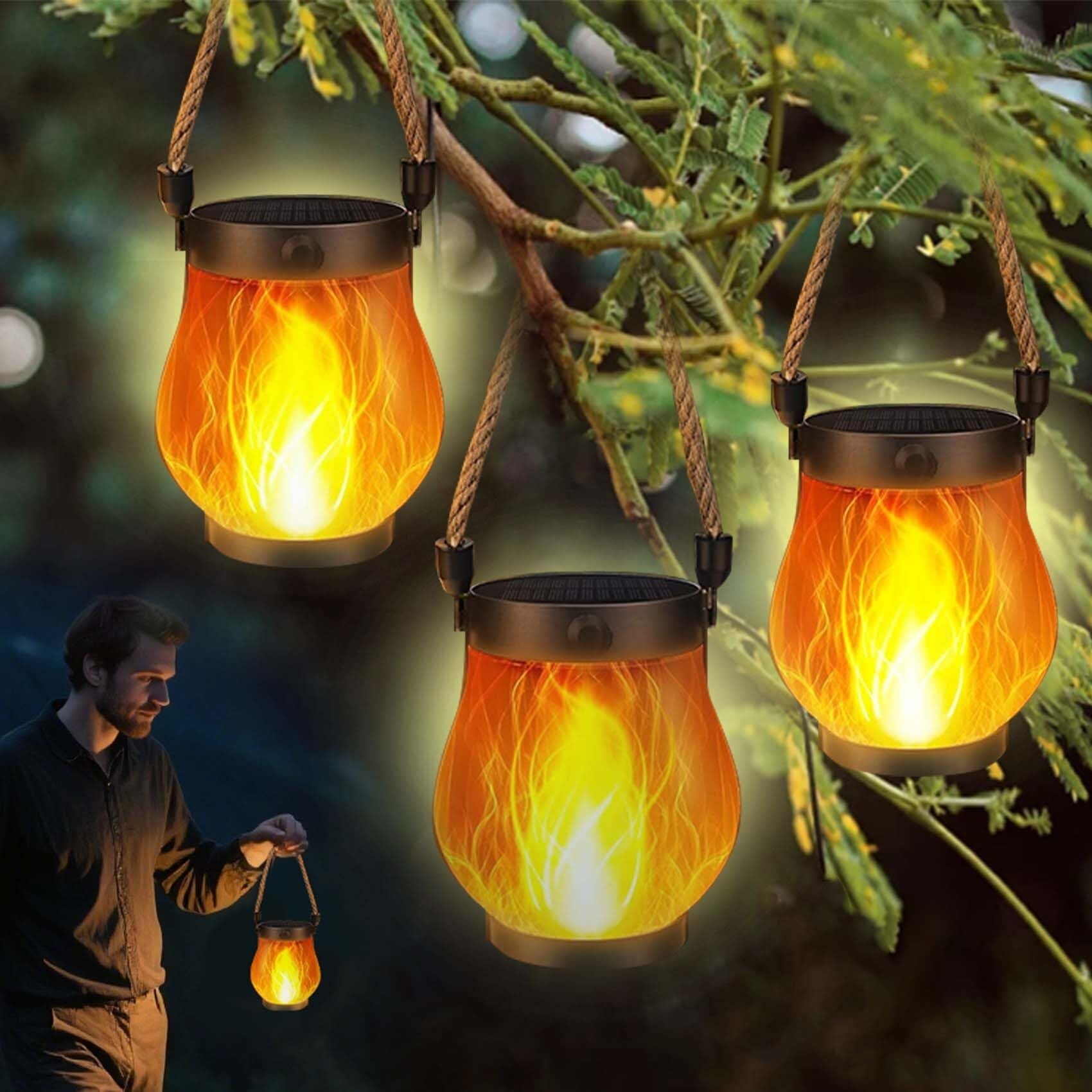 Solar Lantern Outdoor Lights, Dancing Flame Solar Lantern Outdoor Lights, Waterproof Hanging Solars Lanterns, Dual Charging Modes for Garden Yard Decoration (2pcs)