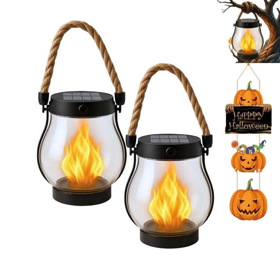 Solar Lantern Outdoor Lights, Flickering LED with Hemp Rope Handle, Dual Charging (Solar & USB), Water-Resistant Hanging Decor for Garden, Yard, Patio, Porch, Pathway, Camping
