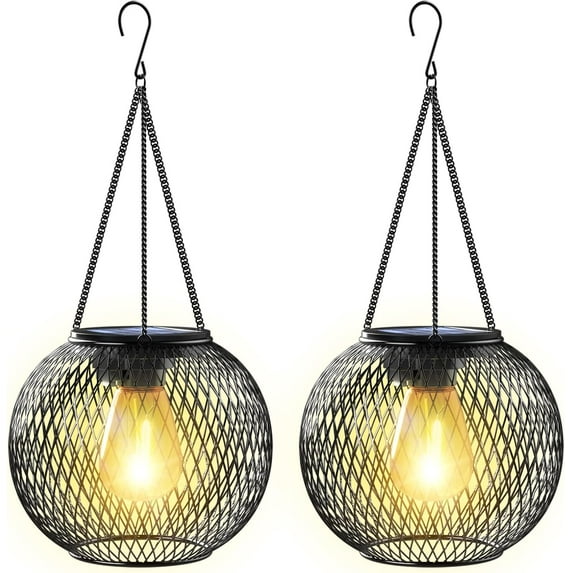 Solar Lantern Outdoor, Upgraded Hanging Lights Outdoor Garden Metal Lanterns Decorative Lighting Powered Waterproof Tree for Yard Patio Pathway, 2 Pack, Black