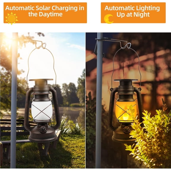 Solar Lantern Outdoor Waterproof, LED Vintage Flickering Flame Solar Lights, Camping Lamps, Solar Powered Hanging Rustic Heavy Duty Lantern Landscape Decor for Garden Yard Deck Pathway, 2 Pack