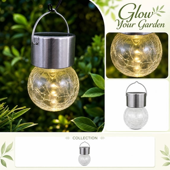 Solar Lantern Outdoor Waterproof, Solar Globe Lights Outdoor Waterproof, Outdoor Yard Decorations, Decorative Lantern, 1Pc Yellow Glass Crackle Hanging Solar Light with Hook and
