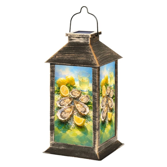 Solar Lantern Oysters Ice Lemon Slices Glass Chilled Drink Coastal Still Life Garden Hanging Lantern Waterproof Solar Powered Lighting Outdoor Lamp for Deck Yard Camping Patio Decor