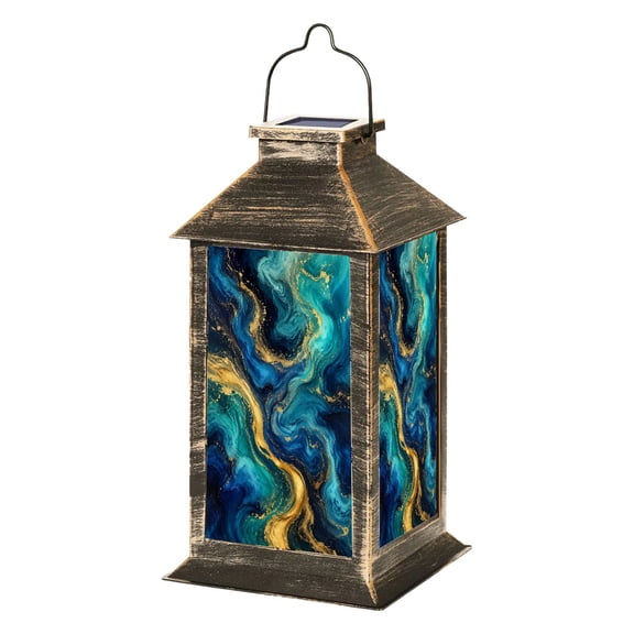 Solar Lantern Pastel cyan mint liquid marble watercolor gold lines brush stains Teal Garden Hanging Lantern Waterproof Solar Powered Lighting Outdoor Lamp for Deck Yard Camping Patio Decor
