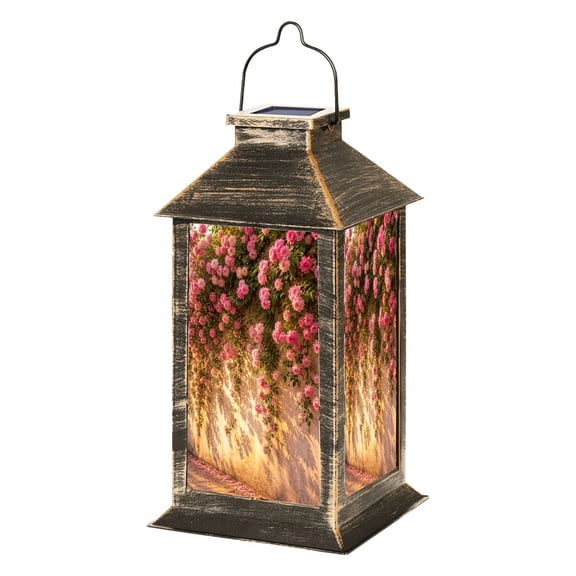 Solar Lantern Pink Roses Cascading Down Sunlit Wall Romantic Garden Setting Garden Hanging Lantern Waterproof Solar Powered Lighting Outdoor Lamp for Deck Yard Camping Patio Decor