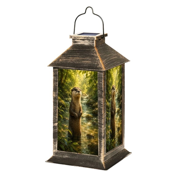 Solar Lantern Playful Otter Standing Serene Forest Stream Sunlit Greenery Garden Hanging Lantern Waterproof Solar Powered Lighting Outdoor Lamp for Deck Yard Camping Patio Decor