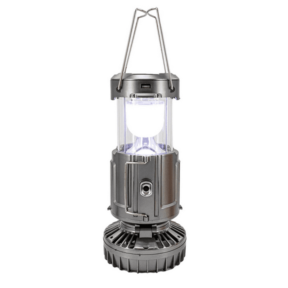Solar Lantern Powered Light & Fan - 6 in 1 Portable Foldable Rechargeable Camping Lamp with Fan, Charging Station Silver,1 * solar camping lantern,Silver