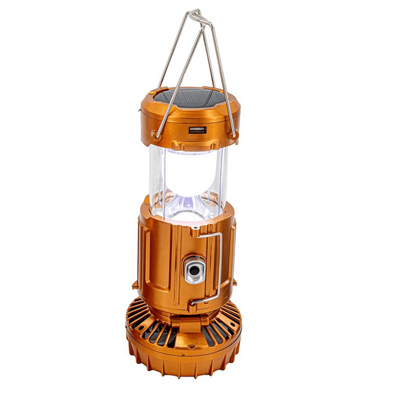 Solar Lantern Powered Light & Fan - 6 in 1 Portable Foldable Rechargeable Camping Lamp with Fan, Charging Station Gold