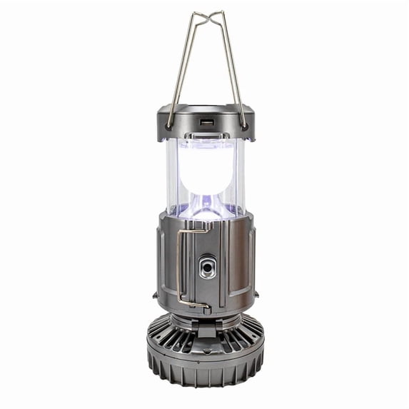 Solar Lantern Powered Light & Fan - 6 in 1 Portable Foldable Rechargeable Camping Lamp with Fan, Charging Station Silver