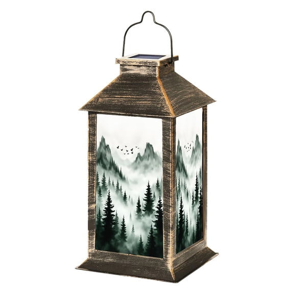Solar Lantern Printing Forest Rustic Farmhouse Deer Mountain Trees Fog Garden Hanging Lantern Waterproof Solar Powered Lighting Outdoor Lamp for Deck Yard Camping Patio Decor